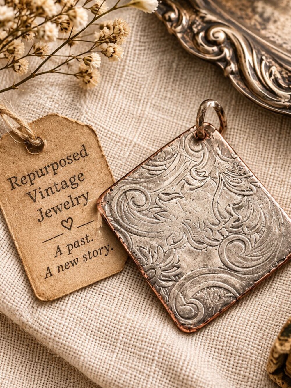 REPURPOSED VINTAGE SILVER-PLATED PENDANT | Engraved Floral